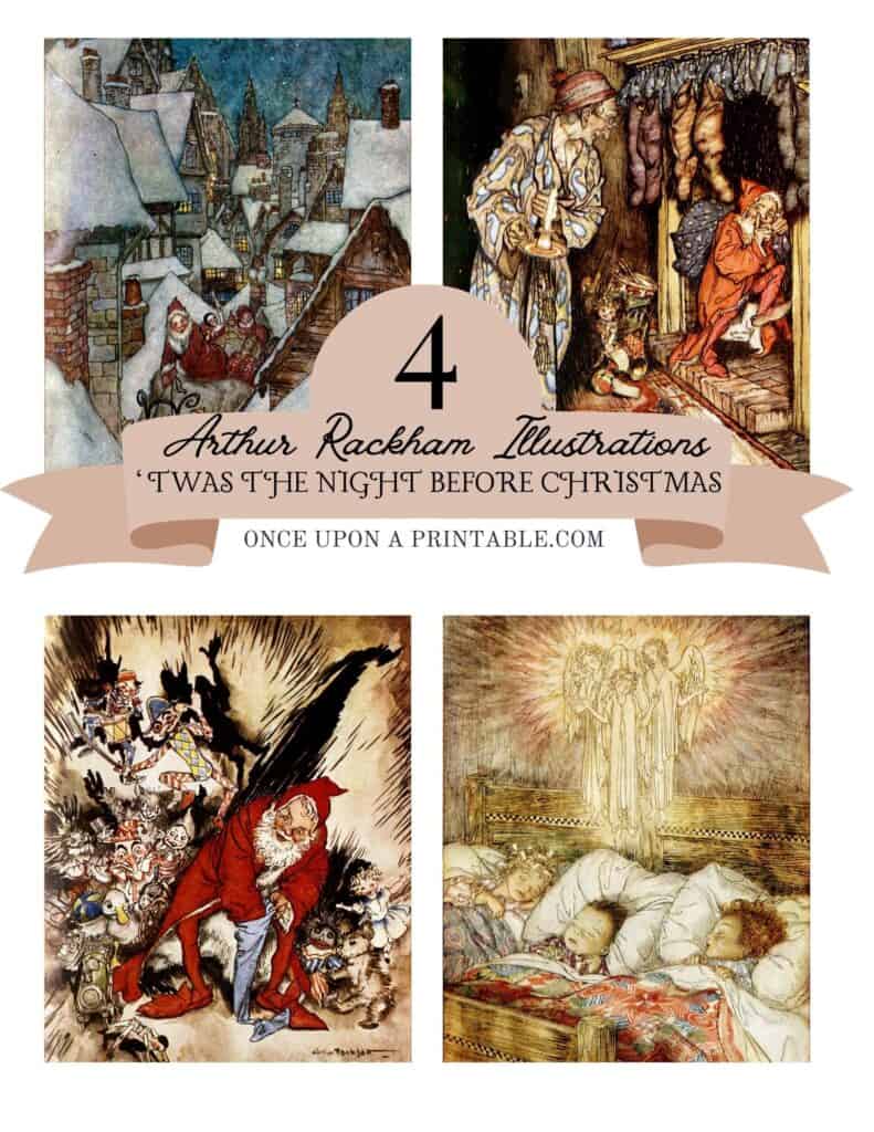 Twas the Night before Christmas illustrations by Arthur Rackham in full color, framed and displayed on the wall.