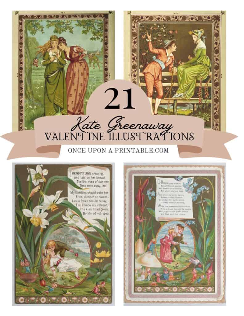Kate Greenaway illustrated Victorian Valentine's Day card free printable sheets.
