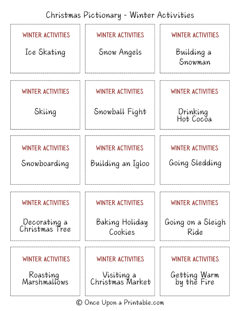 Christmas Pictionary themed Game Cards, free printable sheet.