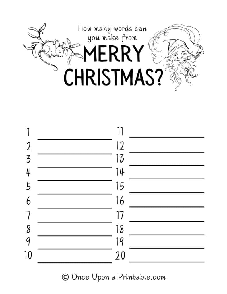 How many words can you make from Merry Christmas? Free printable activities for kids with illustrations by Arthur Rackham.