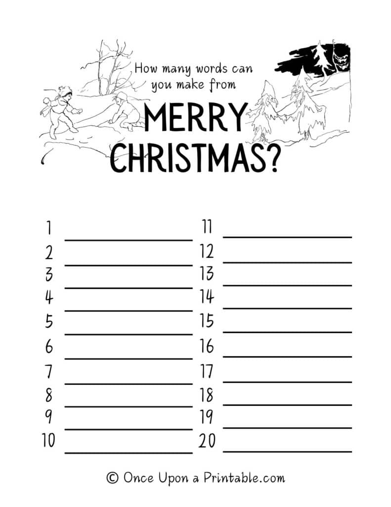 How many words can you make from Merry Christmas? Free printable activities for kids with illustrations by Arthur Rackham.