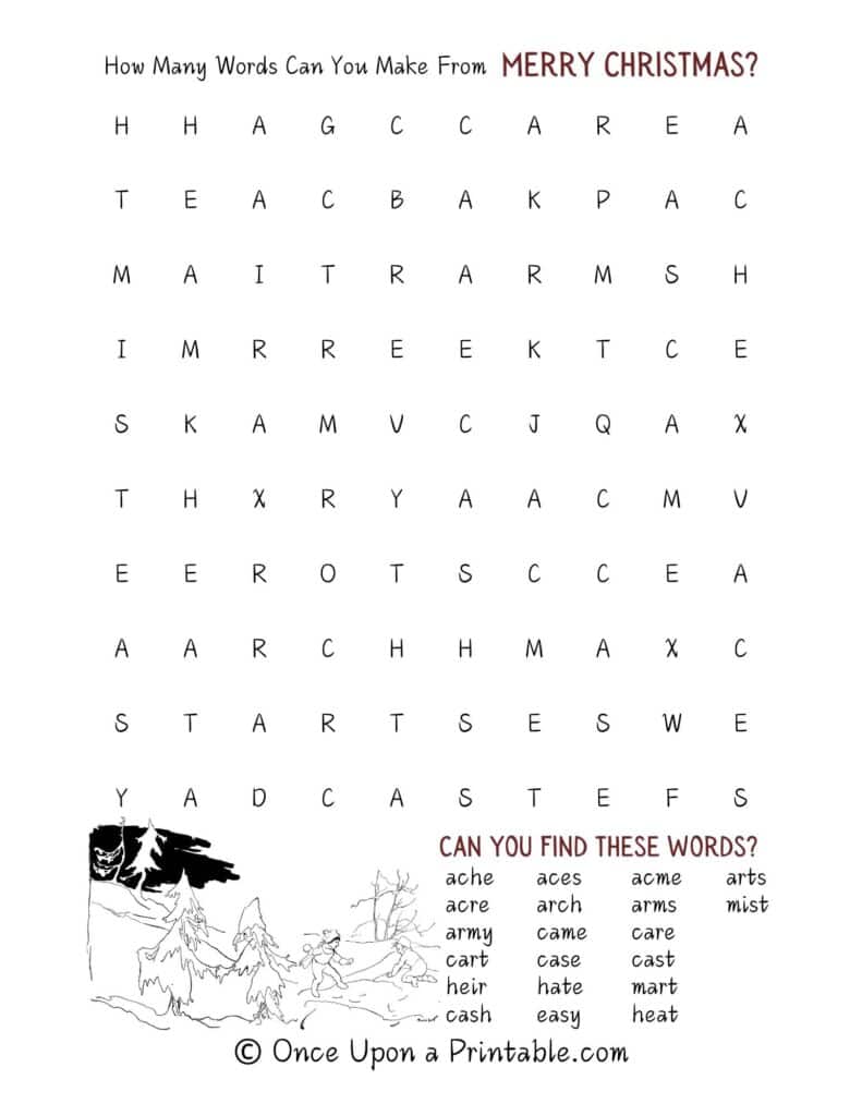 How many words can you make from Merry Christmas? Free printable activities for kids with illustrations by Arthur Rackham.