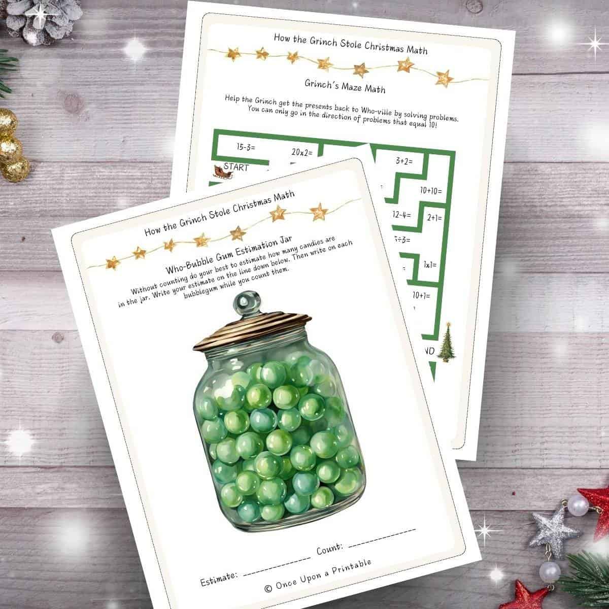 How the Grinch Stole Christmas math games, estimation bubble gum jar and Grinch maze.
