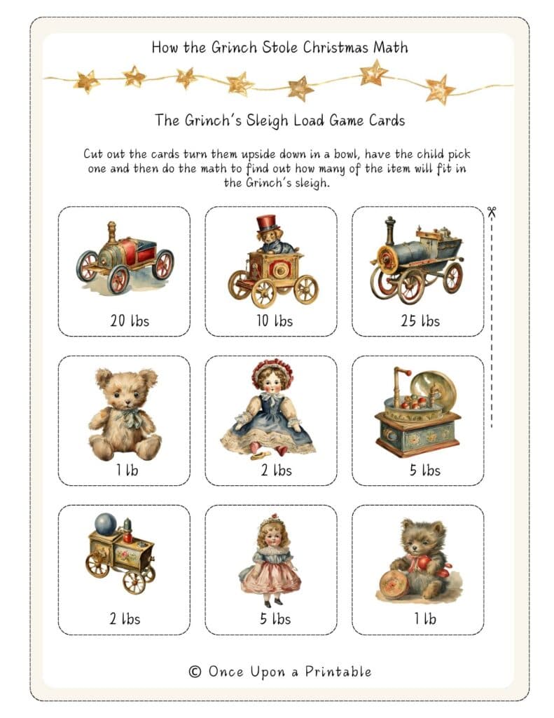 How the Grinch Stole Christmas themed math game unit. watercolor illustrations of vintage toys.