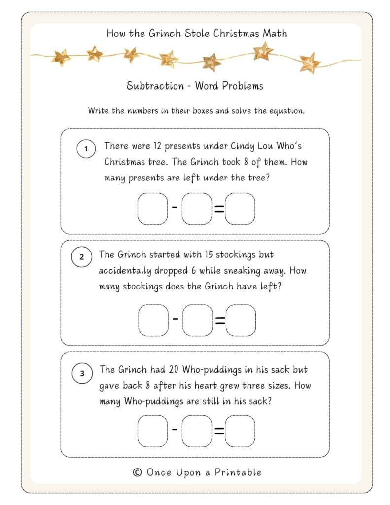 How the Grinch Stole Christmas themed math game unit. Math problems.