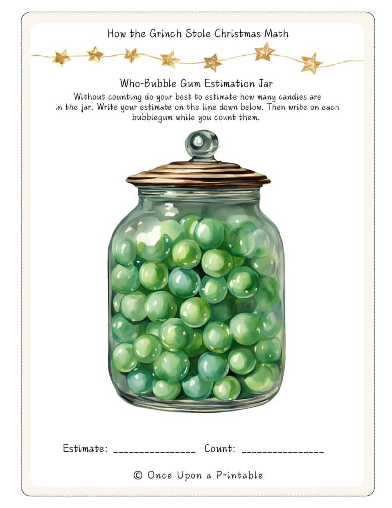 How the Grinch Stole Christmas themed math game unit. A watercolor of a glass jar filled with green bubblegum.