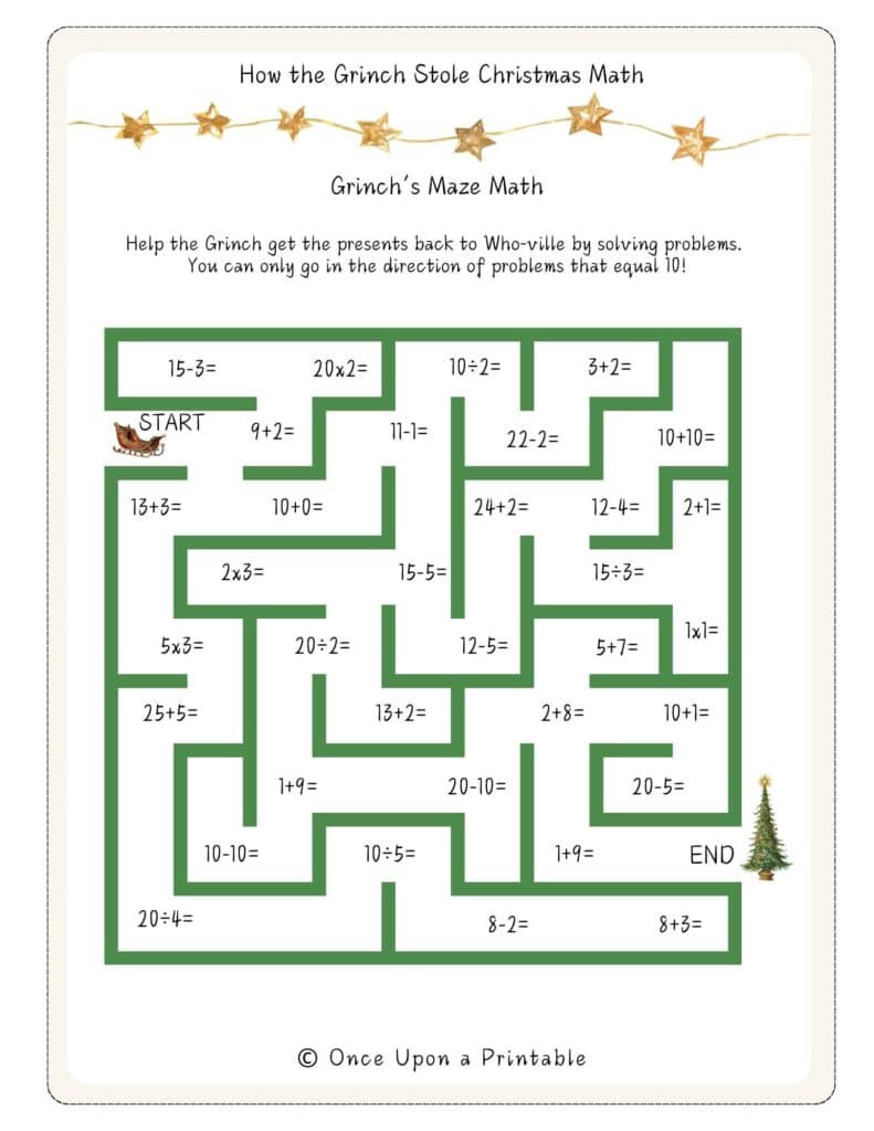 How the Grinch Stole Christmas themed math game unit. A green colored maze with math problems in it.