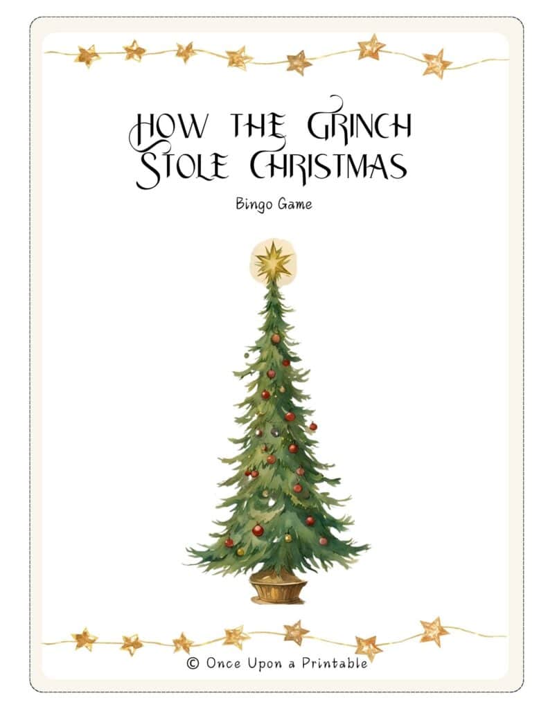 How the Grinch stole christmas bingo card game printables, cover page with a watercolor illustrated christmas tree on the front.