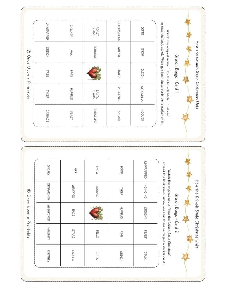 How the Grinch stole christmas bingo card game printables
