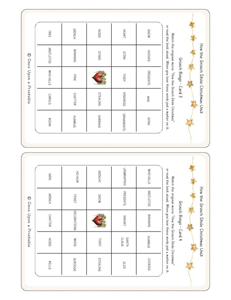 How the Grinch stole christmas bingo card game printables