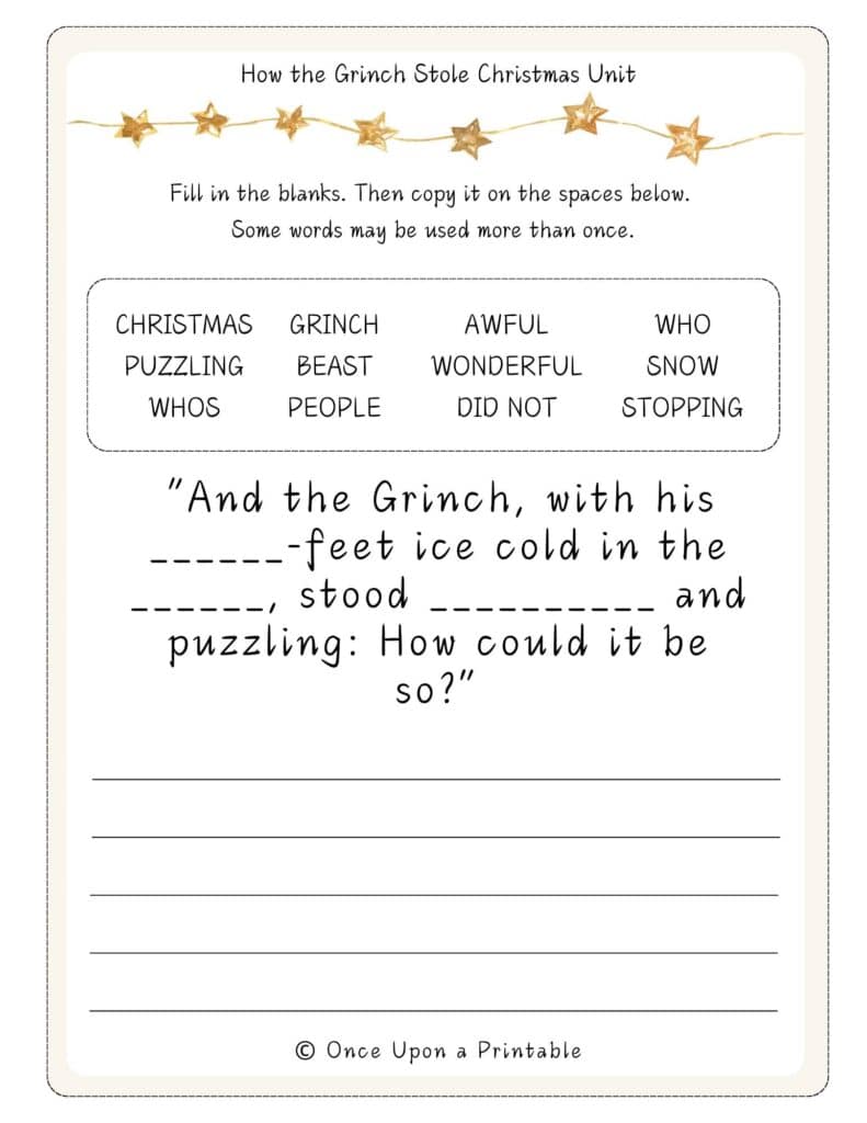 How the Grinch Stole Christmas fill in the blank copywork worksheet free printables.