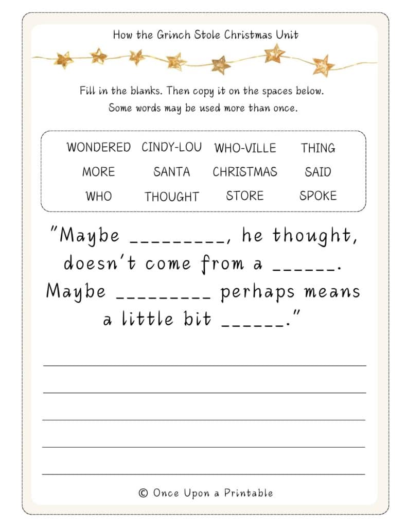 How the Grinch Stole Christmas fill in the blank copywork worksheet free printables.