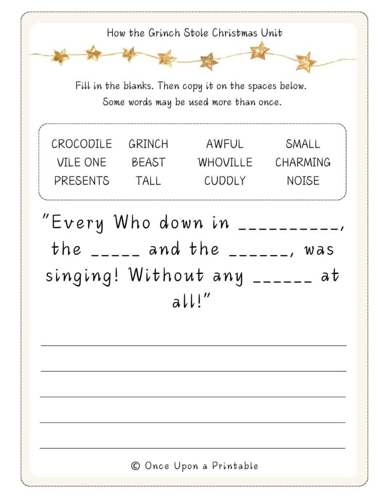 How the Grinch Stole Christmas fill in the blank copywork worksheet free printables.