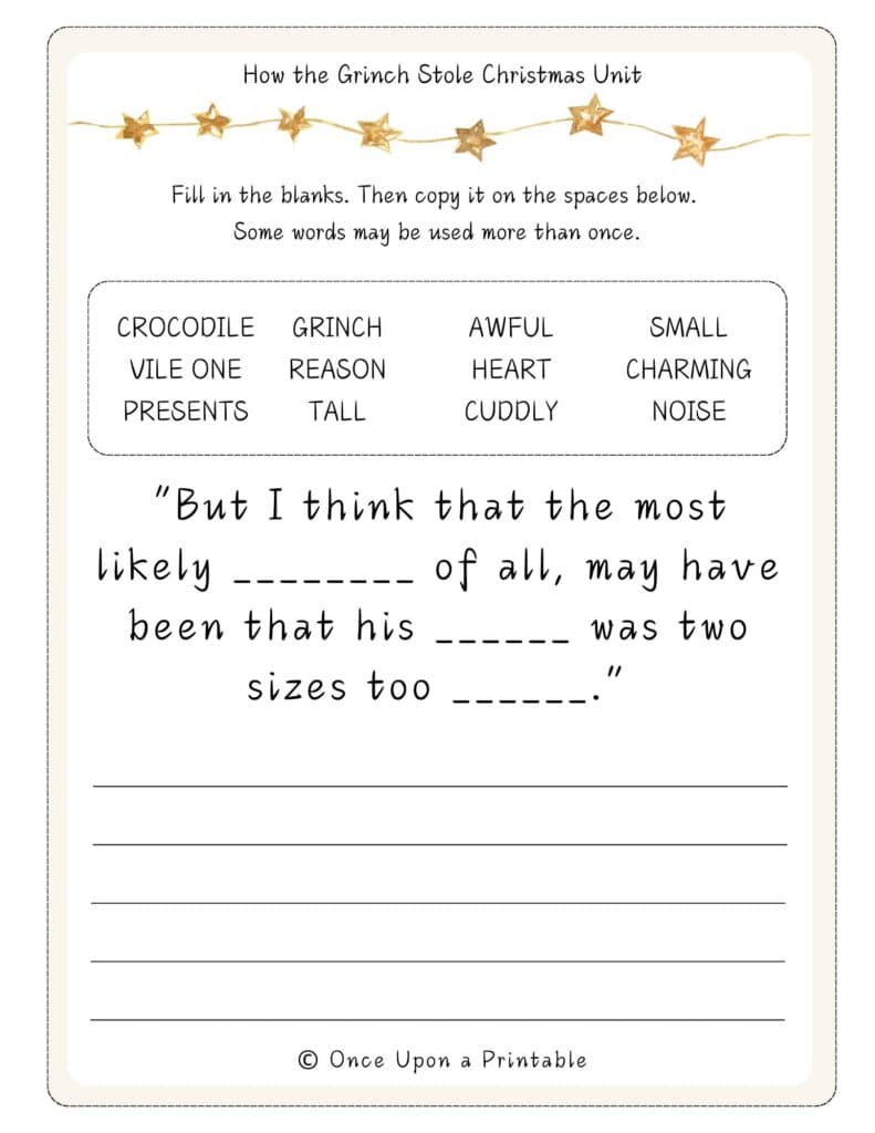 How the Grinch Stole Christmas fill in the blank copywork worksheet free printables.