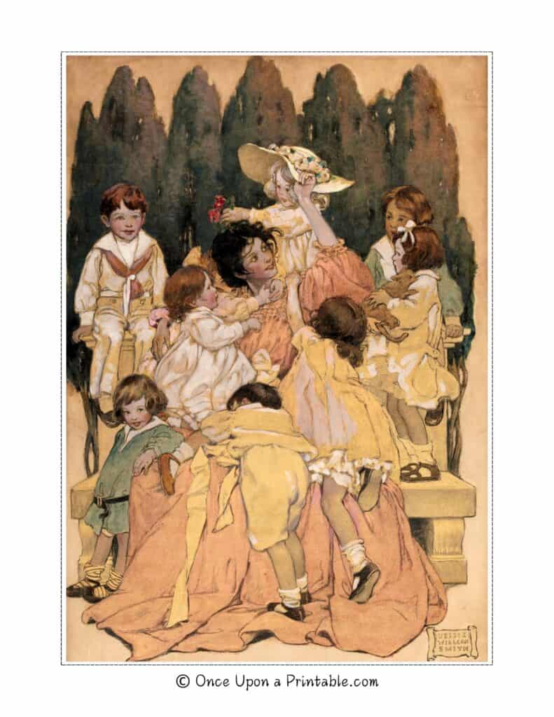 Illustrations of scenes of Motherhood by Jessie Willcox Smith.