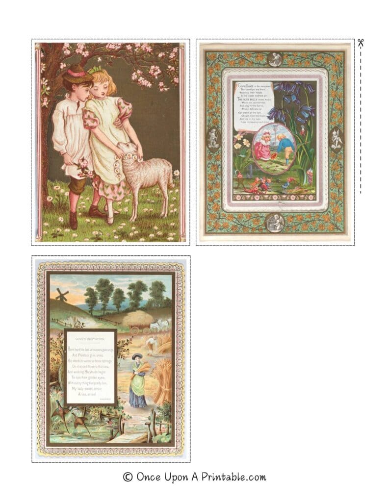 Kate Greenaway illustrated Victorian Valentine's Day card free printable sheets.