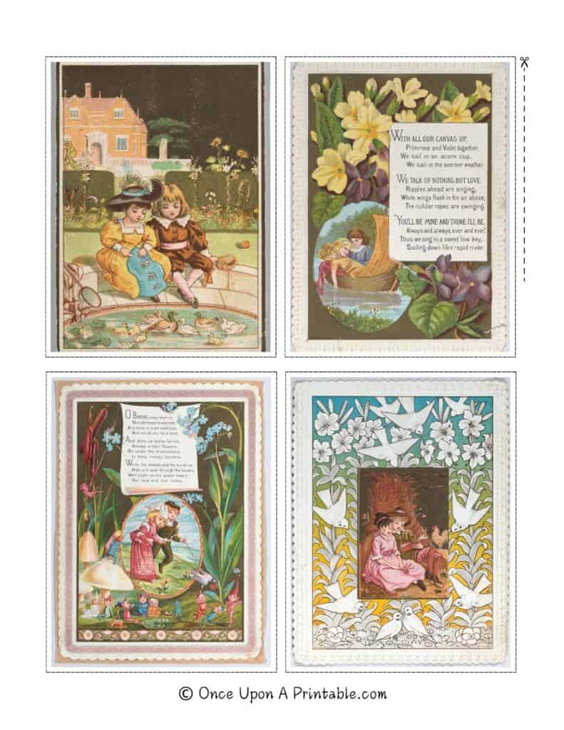 Kate Greenaway illustrated Victorian Valentine's Day card free printable sheets.