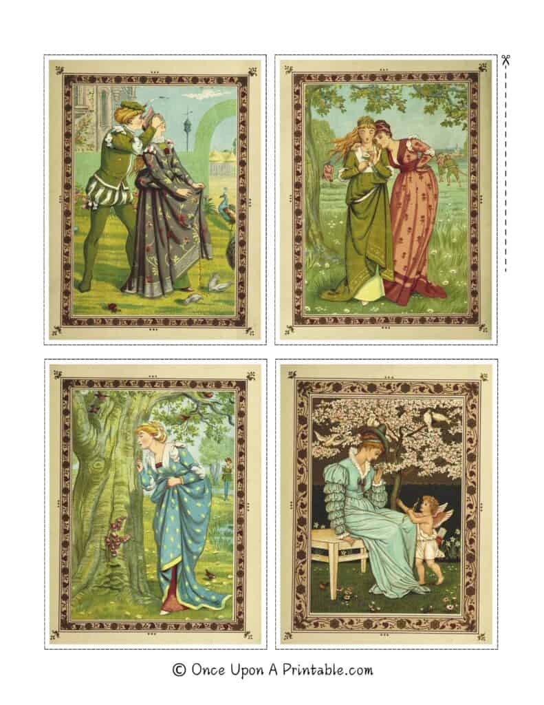 Kate Greenaway illustrated Victorian Valentine's Day card free printable sheets.
