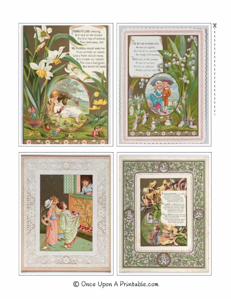 Kate Greenaway illustrated Victorian Valentine's Day card free printable sheets.