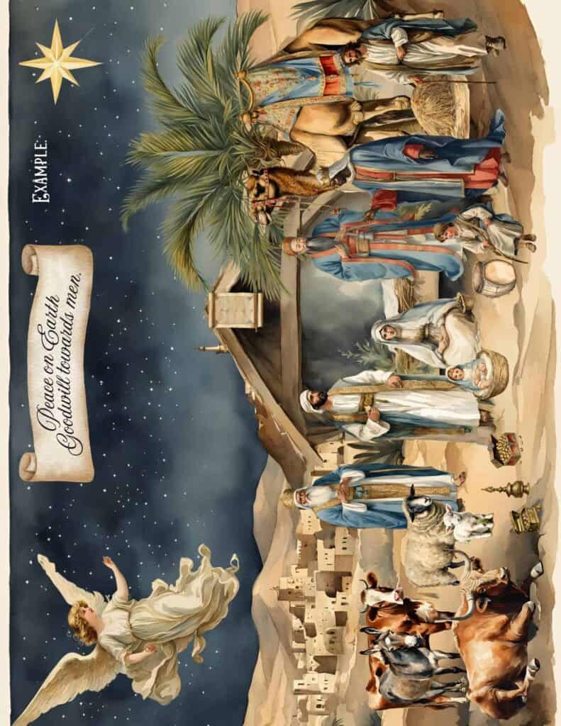 Beautiful vintage watercolor illustrated Nativity scene against a brick wall.