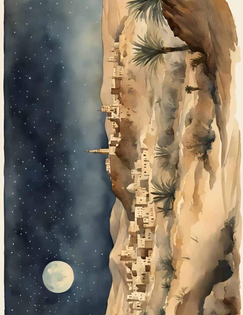 Beautiful vintage watercolor illustrated Nativity scene against a brick wall.