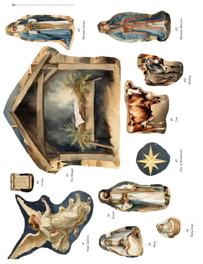Beautiful vintage watercolor illustrated Nativity scene pieces.