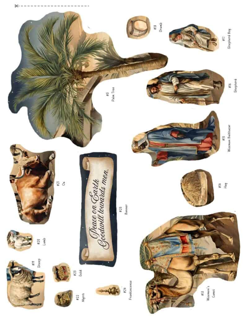 Beautiful vintage watercolor illustrated Nativity scene pieces.