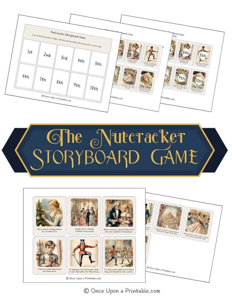 Nutcracker story sequencing card game printables with beautiful vintage-style watercolor graphics.