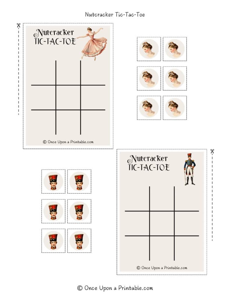 Nutcracker tic tac toe page with watercolor graphics of Nutcracker characters on tic tac toe cards with character pieces to match.