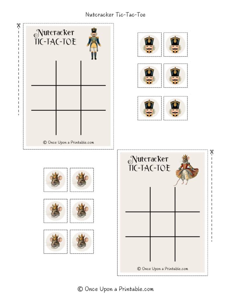 Nutcracker tic tac toe page with watercolor graphics of Nutcracker characters on tic tac toe cards with character pieces to match.