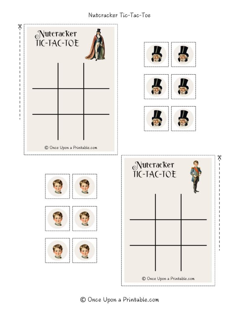 Nutcracker tic tac toe page with watercolor graphics of Nutcracker characters on tic tac toe cards with character pieces to match.