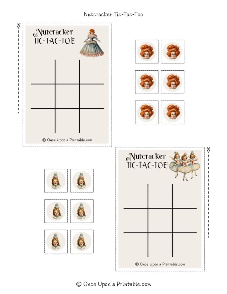 Nutcracker tic tac toe page with watercolor graphics of Nutcracker characters on tic tac toe cards with character pieces to match.