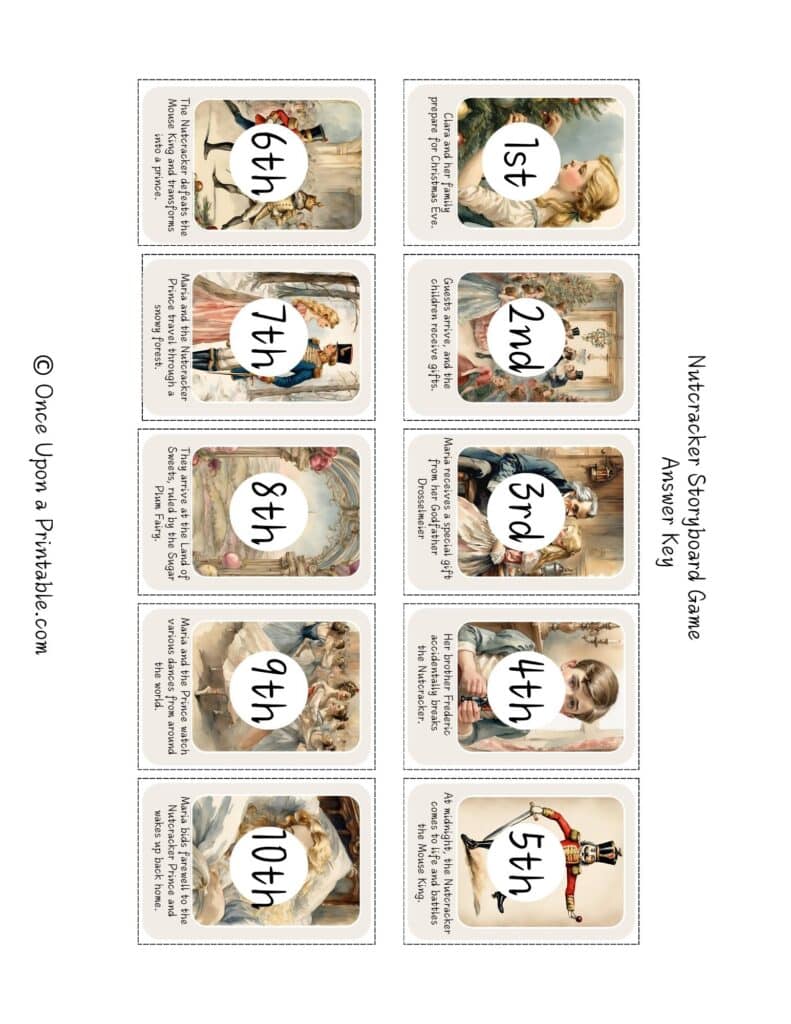 Nutcracker story sequencing card game printables with beautiful vintage-style watercolor graphics.