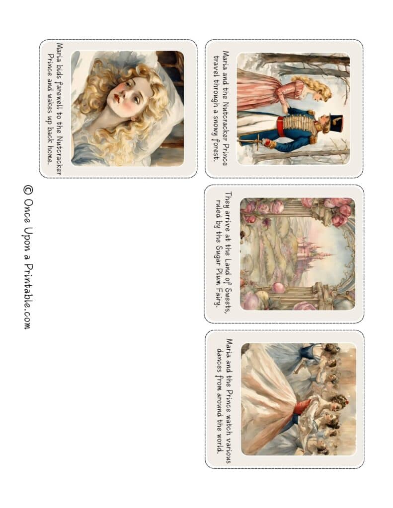 Nutcracker story sequencing card game printables with beautiful vintage-style watercolor graphics.