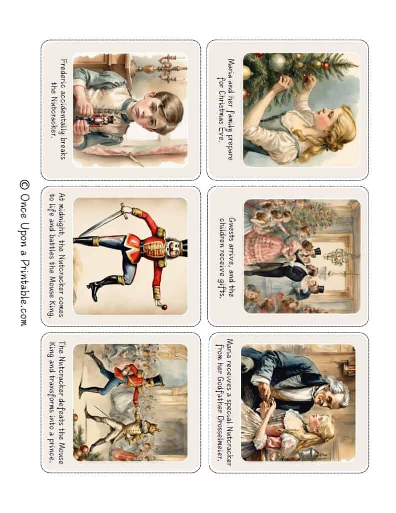 Nutcracker story sequencing card game printables with beautiful vintage-style watercolor graphics.