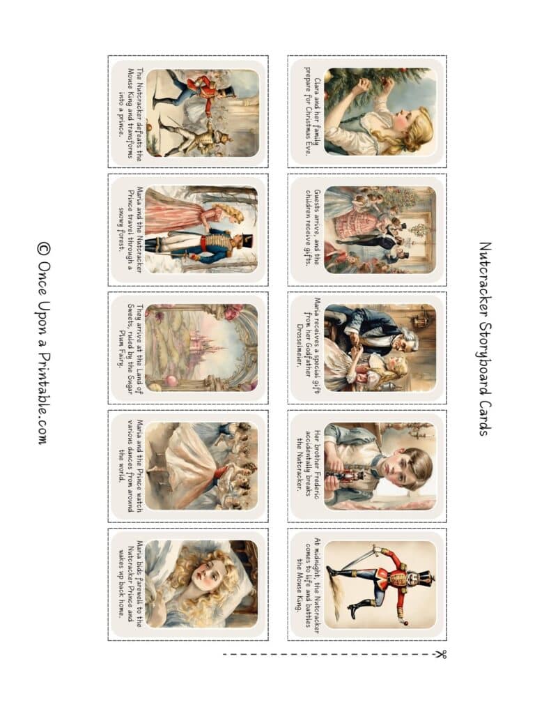 Nutcracker story sequencing card game printables with beautiful vintage-style watercolor graphics.