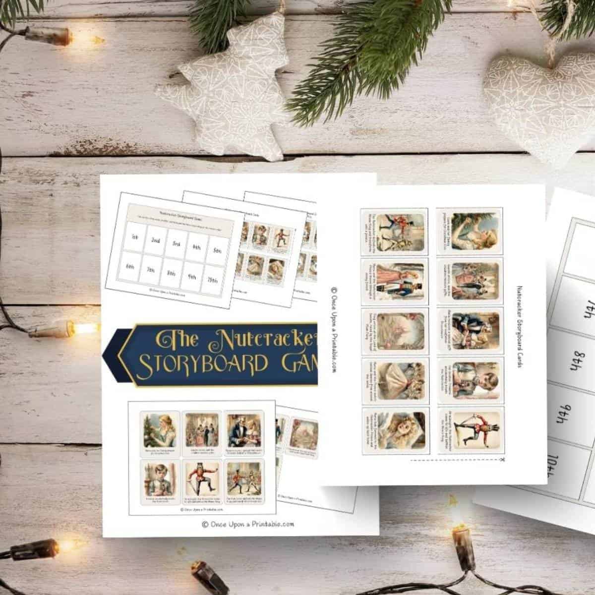 Nutcracker story sequencing printables with beautiful watercolor graphics on a wooden floor with Christmas lights and garland.