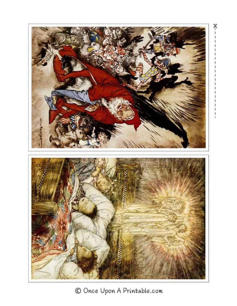 Twas the Night before Christmas illustrations by Arthur Rackham in full color, framed and displayed on the wall.