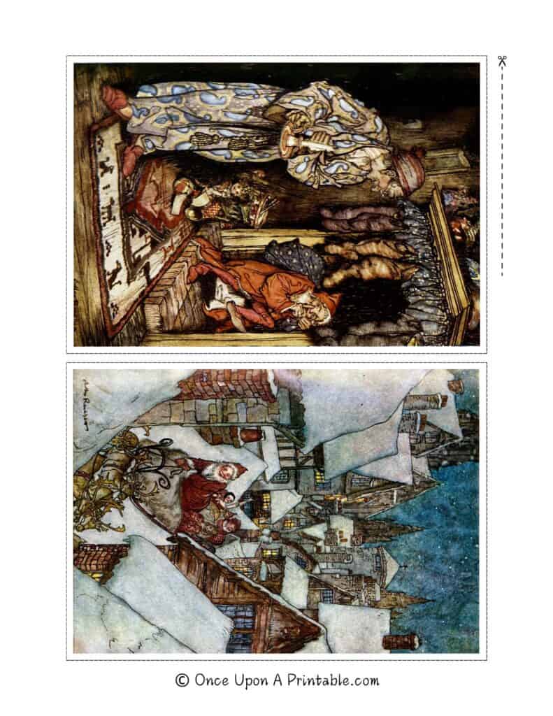 Twas the Night before Christmas illustrations by Arthur Rackham in full color, framed and displayed on the wall.