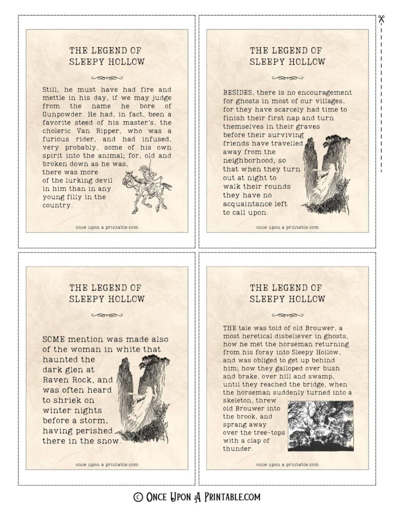 A full page of Quotes from the Legend of Sleepy Hollow displayed on old parchment paper with original illustrations from Arthur Rackham.