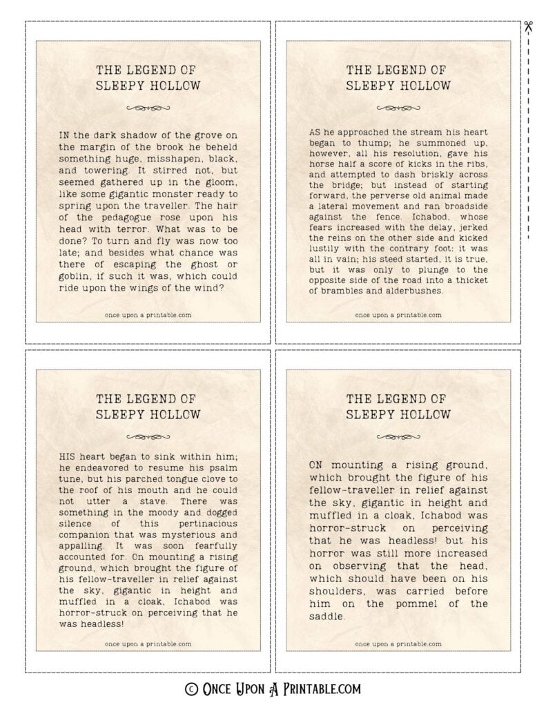 A full page of Quotes from the Legend of Sleepy Hollow displayed on old parchment paper.