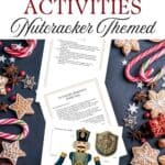Beautiful colorful watercolor graphics of Nutcracker characters in an advent board game displayed on a navy table with gingerbread cookies and candy canes.