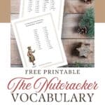 Nutcracker themed vocabulary word lists that coincide with the crossword puzzles, displayed on a wooden background with garland.
