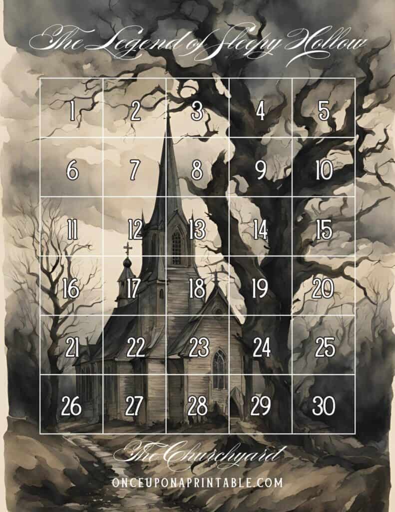 The Legend of Sleepy HOllow Halloween countdown puzzle with watercolor scenes of characters and places in the book. The churchyard scene in a spooky nighttime woods.