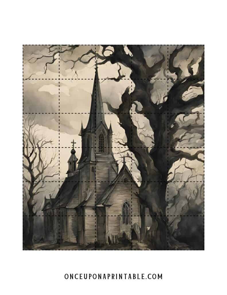 The Legend of Sleepy HOllow Halloween countdown puzzle with watercolor scenes of characters and places in the book. The churchyard scene in a spooky nighttime woods.