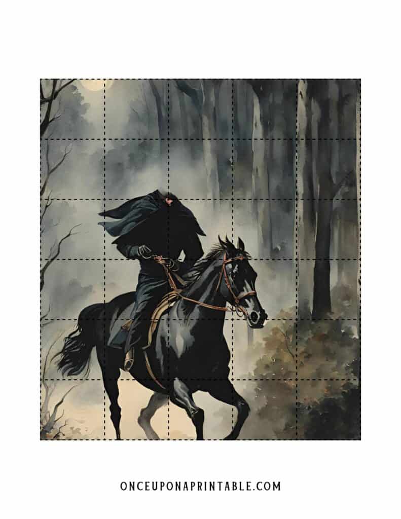 The Legend of Sleepy HOllow Halloween countdown puzzle with watercolor scenes of characters and places in the book. The headless horseman riding through sleepy hollow woods.