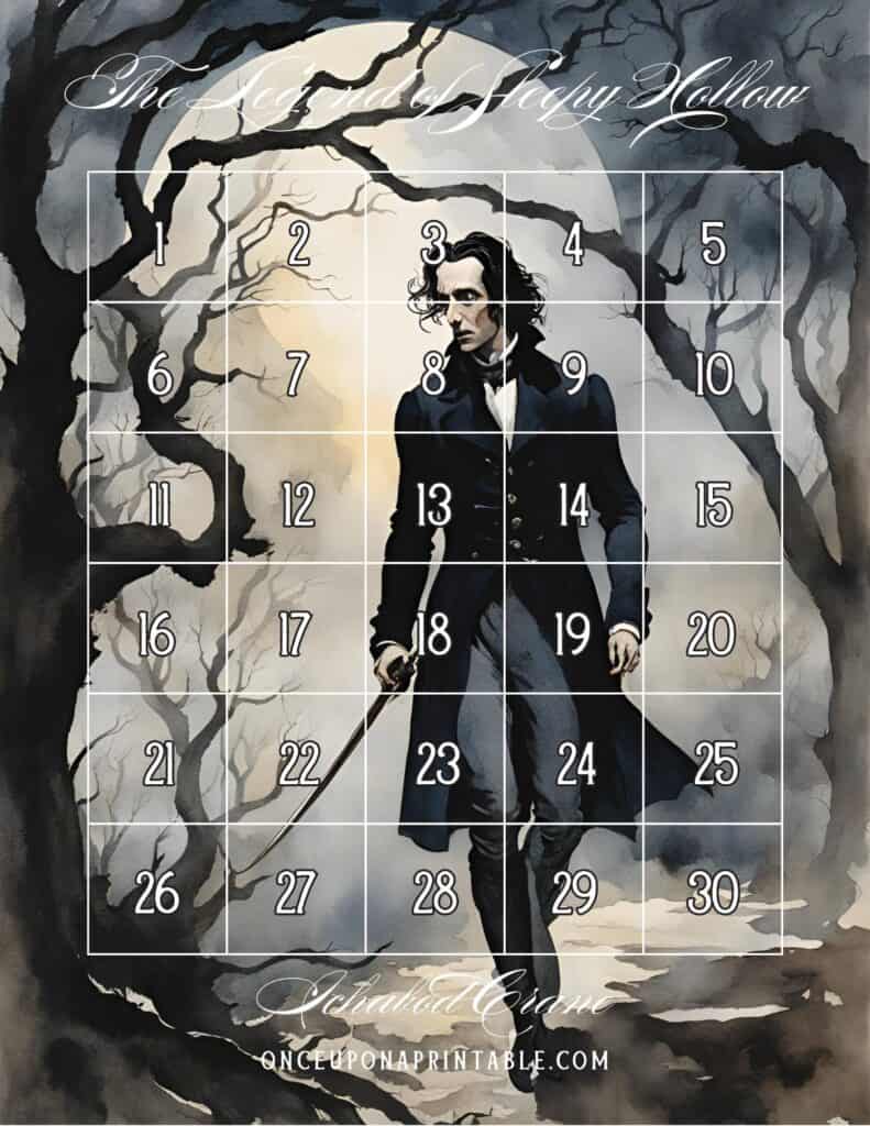 The Legend of Sleepy HOllow Halloween countdown puzzle with watercolor scenes of characters and places in the book. Ichabod Crane's Portrait, a tall man in a spooky forest.