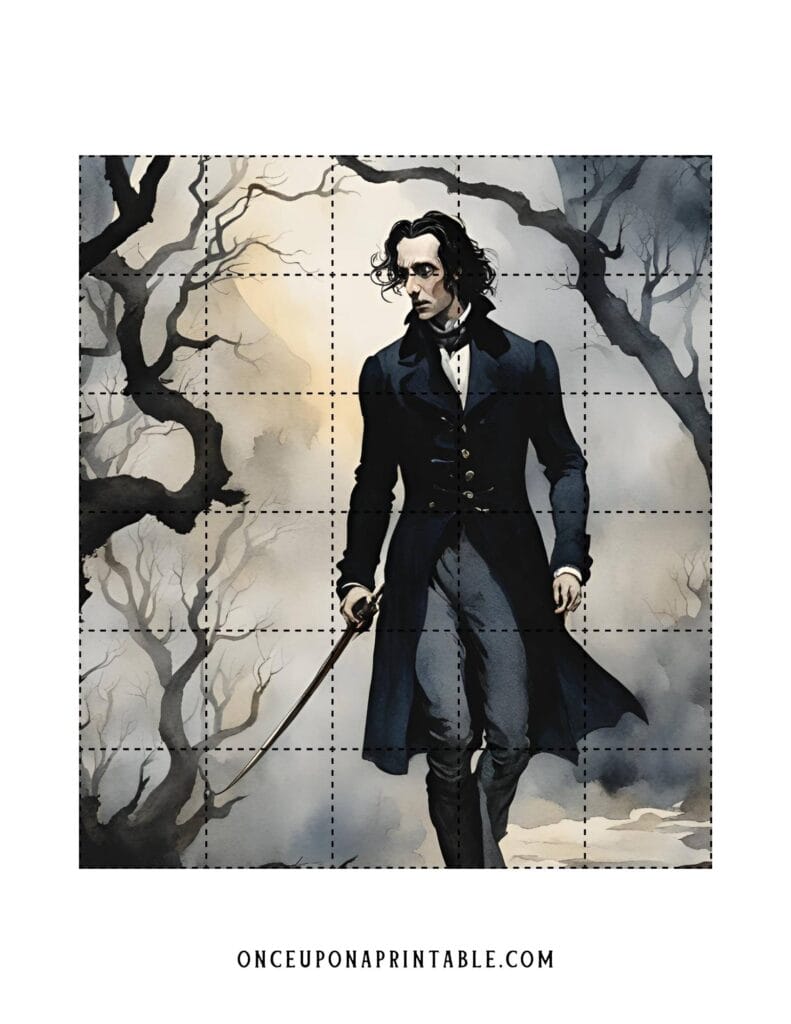 The Legend of Sleepy HOllow Halloween countdown puzzle with watercolor scenes of characters and places in the book. Ichabod Crane's Portrait, a tall man in a spooky forest.