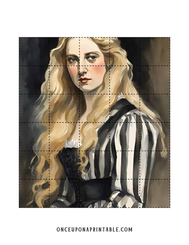 The Legend of Sleepy HOllow Halloween countdown puzzle with watercolor scenes of characters and places in the book. Katrina Van Tassel's portrait, a woman with long blonde hair wearing a black and white striped dress.
