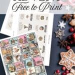 Beautiful colorful watercolor graphics of Nutcracker characters in an advent board game displayed on a navy table with gingerbread cookies and candy canes.